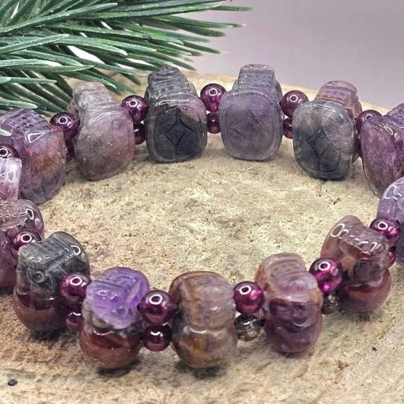 Nature Auralite 23 Hand Carved Pi Xiu Purple Garnet Feng Shui Bracelet - Picture 4 of 10